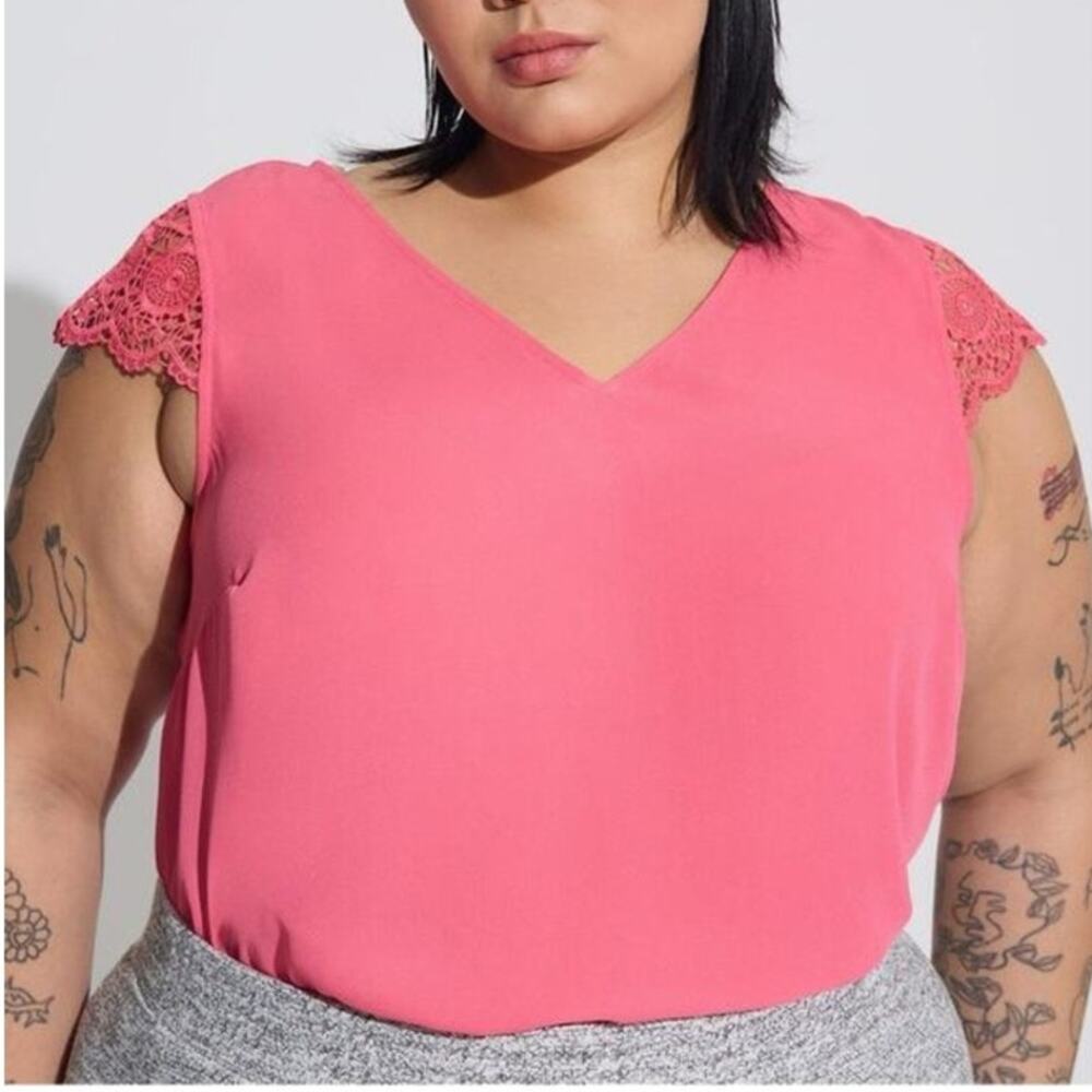 Torrid Georgette Coral Honeysuckle Pink Lace Sleeve Blouse Plus Size 2
